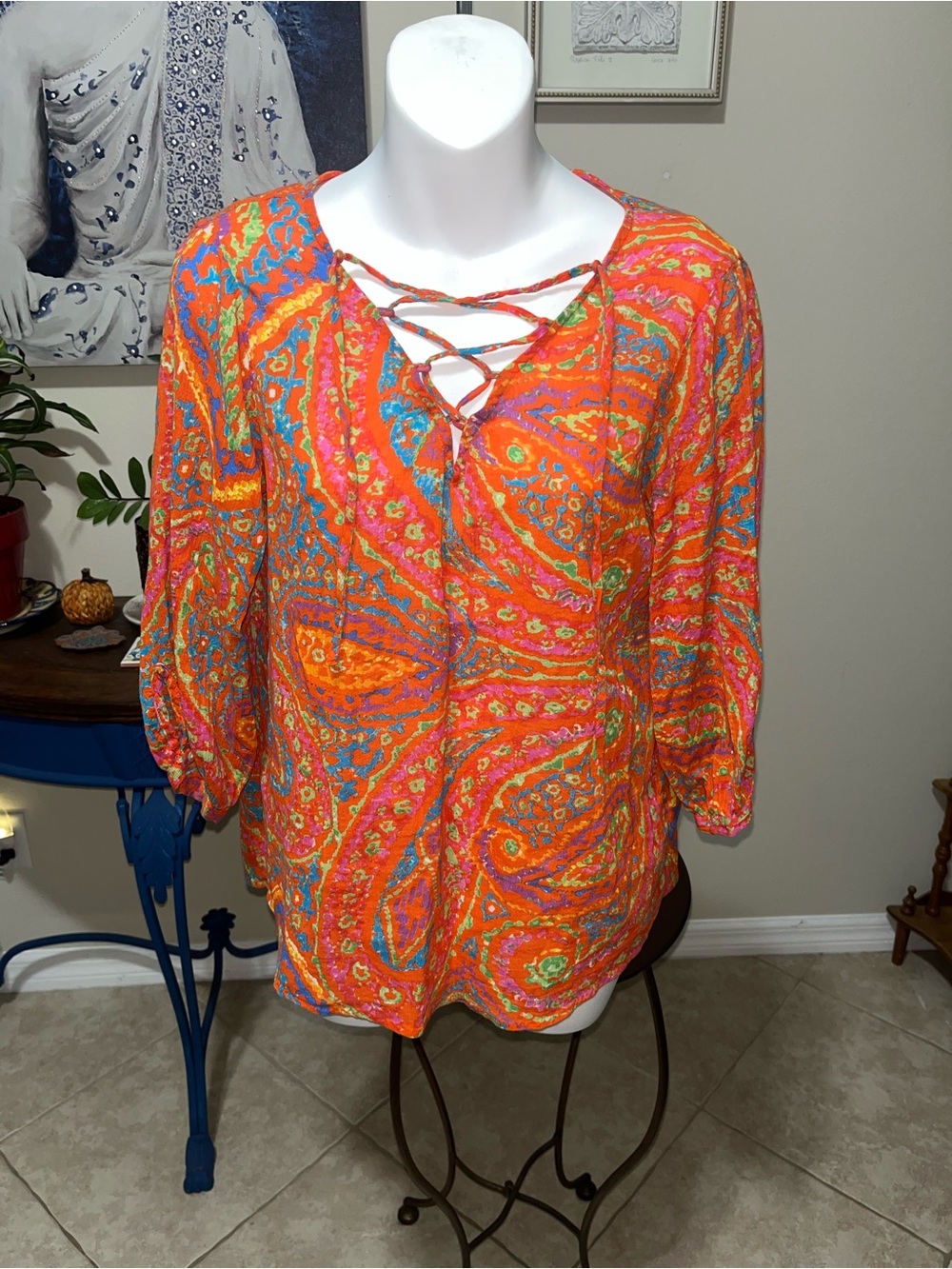 Ralph Lauren - Lauren Jeans Company Paisley 3/4 Sleeve 100% Cotton Top XS
